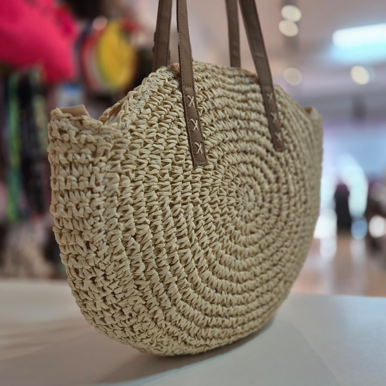 Bolsa de Praia Circular em Palha com Alça Estilo Casual