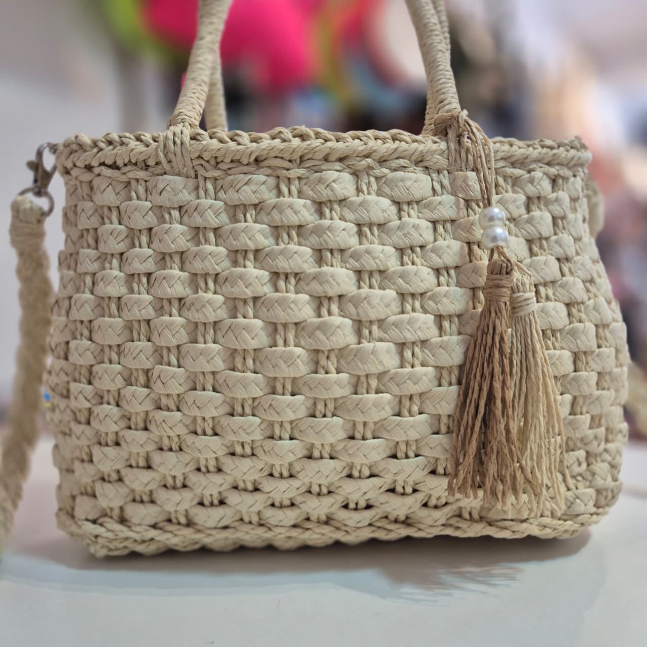 Bolsa de Palha Pérola com Duas Alças Estilo Casual para Praia e Passeios