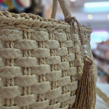 Bolsa de Palha Pérola com Duas Alças Estilo Casual para Praia e Passeios