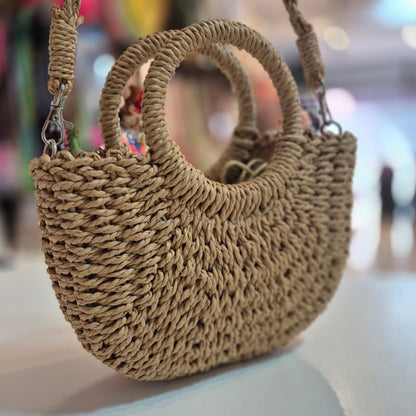 Bolsa Meia Lua de Palha com Alça Estilo Casual para Praia e Passeios