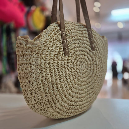 Bolsa de Praia Circular em Palha com Alça Estilo Casual
