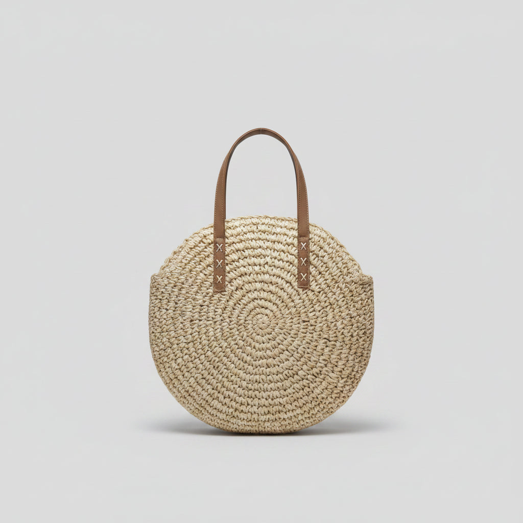 Bolsa de Praia Circular em Palha com Alça Estilo Casual