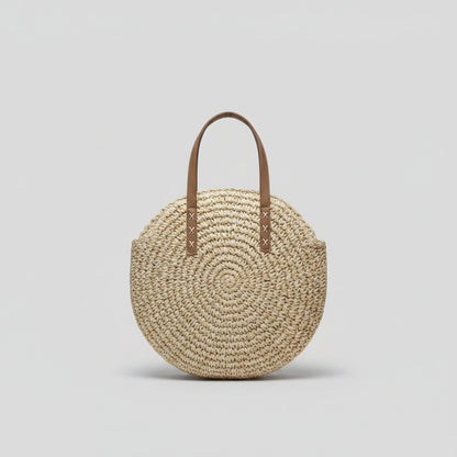 Bolsa de Praia Circular em Palha com Alça Estilo Casual