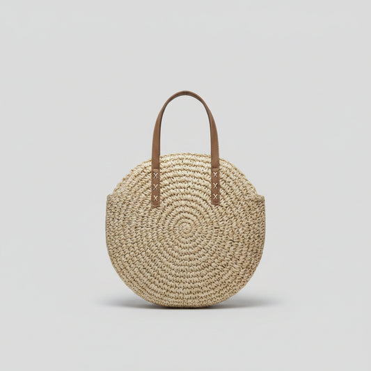 Bolsa de Praia Circular em Palha com Alça Estilo Casual